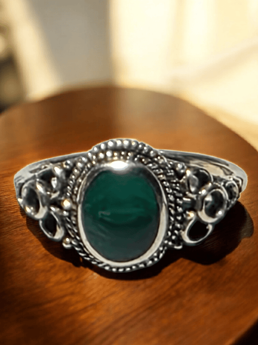 Bague argent pierre malachite naturelle - Claudine Biker Shop