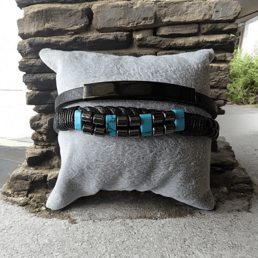 Bracelet biker cuir acier inoxydable avec turquoise - Claudine Biker Shop