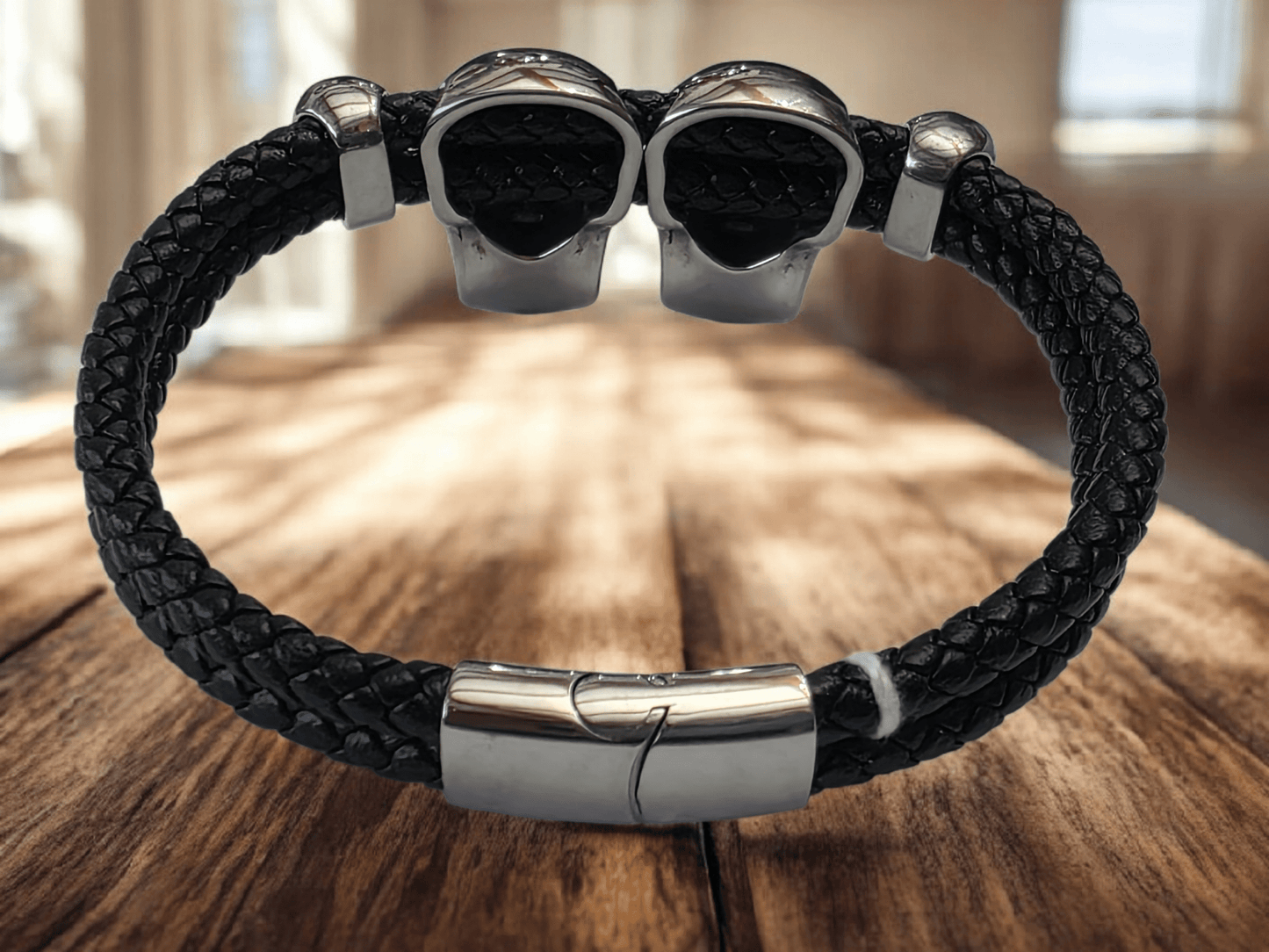 Bracelet Biker skull cuir acier inoxydable - Claudine Biker Shop