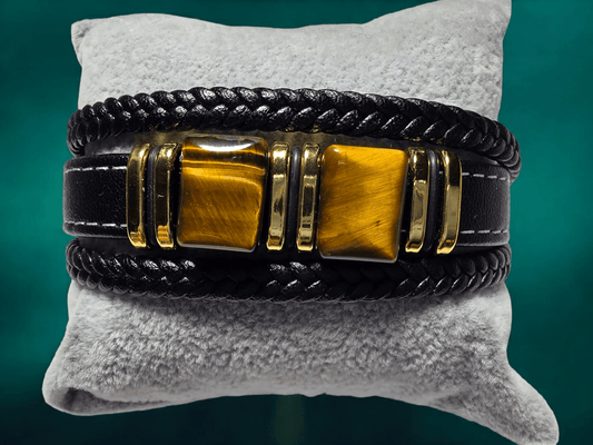 Bracelet cuir œil de tigre véritable - Claudine Biker Shop