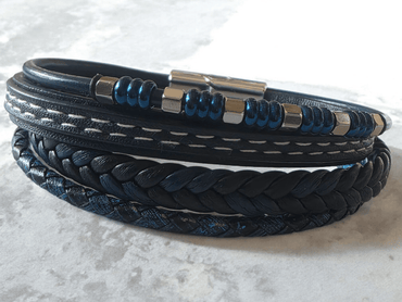 Bracelet homme cuir bleu et noir avec perles – Style bohème chic" - Claudine Biker Shop
