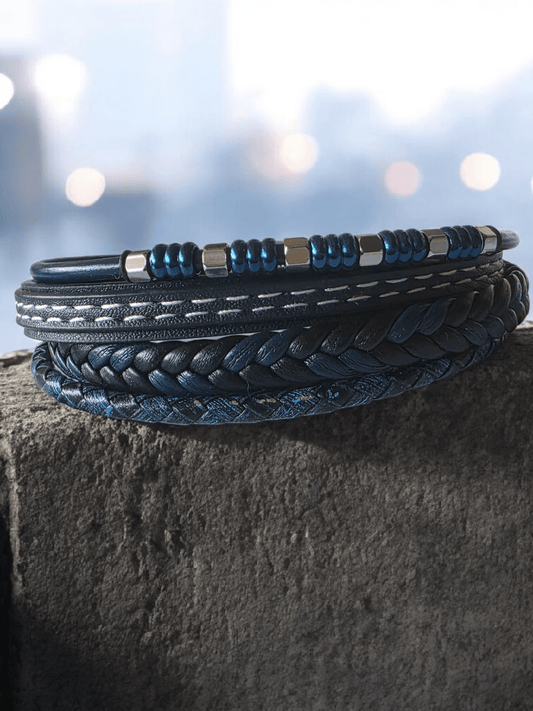 Bracelet homme cuir bleu et noir avec perles – Style bohème chic" - Claudine Biker Shop