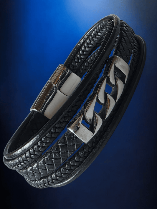 Bracelet multi rang cuir et acier inoxydable - Claudine Biker Shop