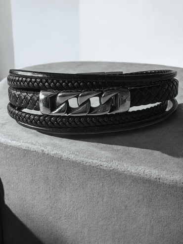 Bracelet multi rang cuir et acier inoxydable - Claudine Biker Shop