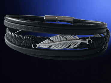 Bracelet plume cuir acier inoxydable - Claudine Biker Shop