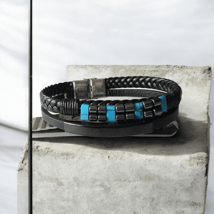 Bracelet biker cuir acier inoxydable avec turquoise - Claudine Biker Shop