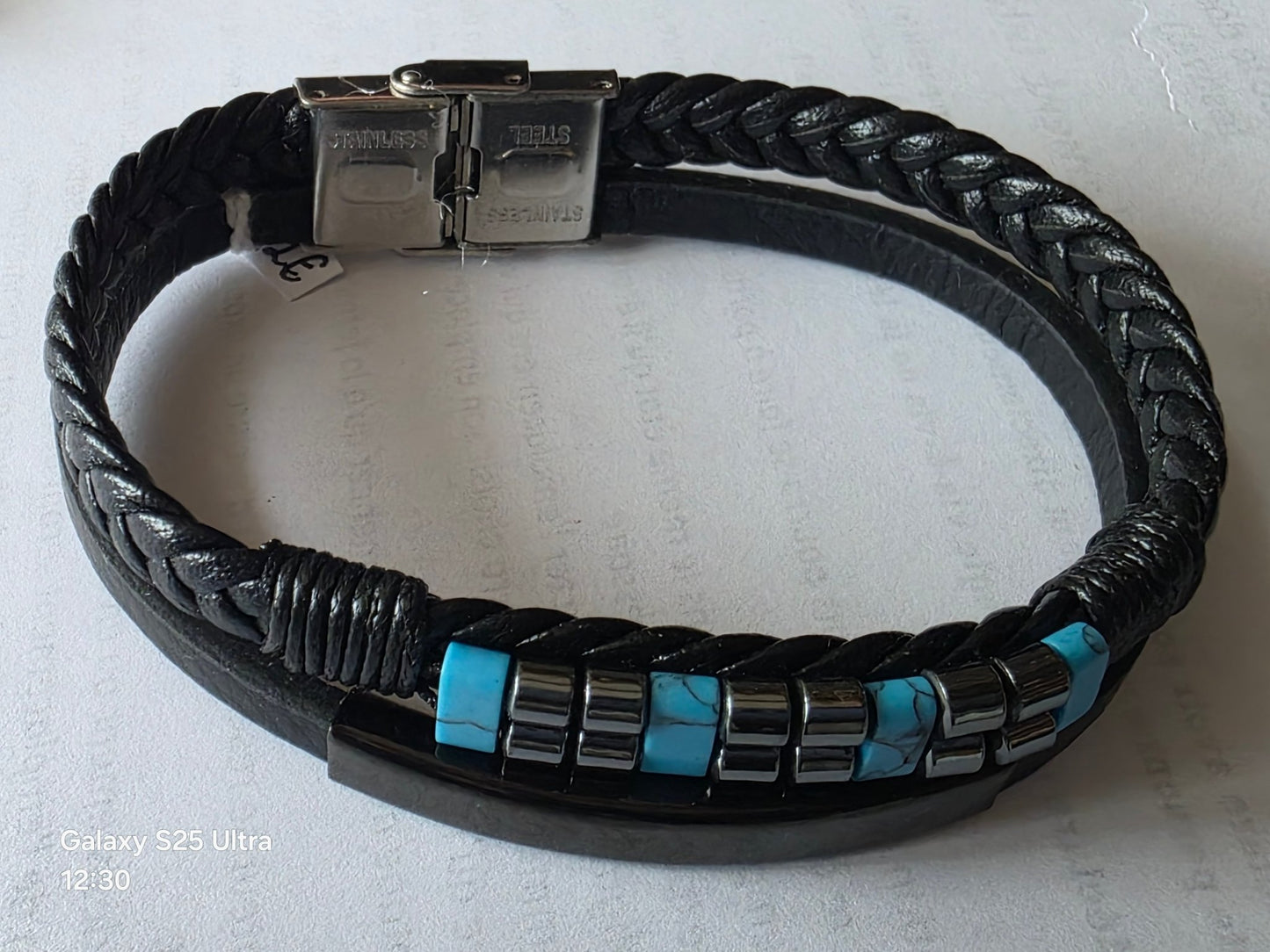 Bracelet biker cuir acier inoxydable avec turquoise - Claudine Biker Shop