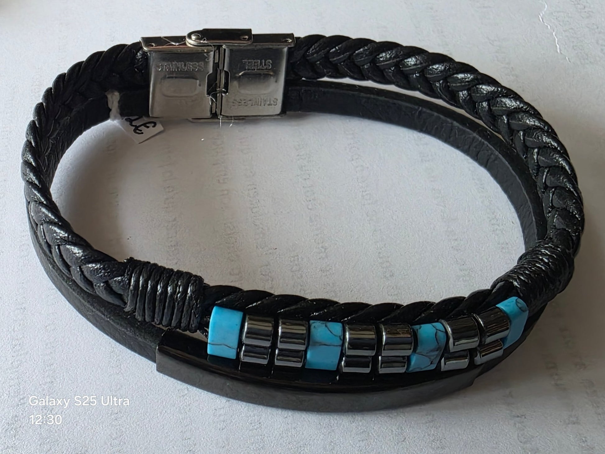 Bracelet biker cuir acier inoxydable avec turquoise - Claudine Biker Shop