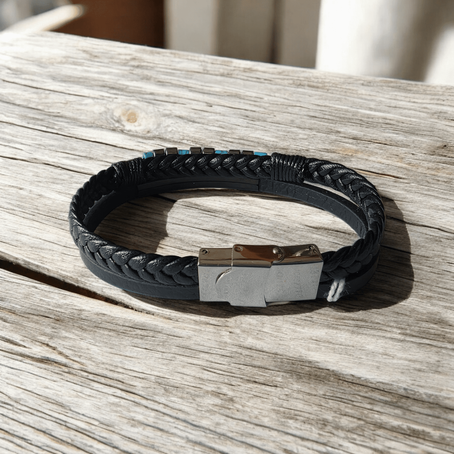 Bracelet biker cuir acier inoxydable avec turquoise - Claudine Biker Shop