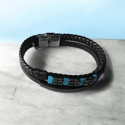 Bracelet biker cuir acier inoxydable avec turquoise - Claudine Biker Shop