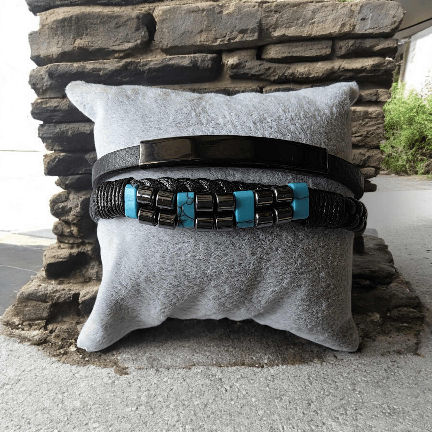 Bracelet biker cuir acier inoxydable avec turquoise - Claudine Biker Shop