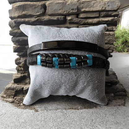 Bracelet biker cuir acier inoxydable avec turquoise - Claudine Biker Shop