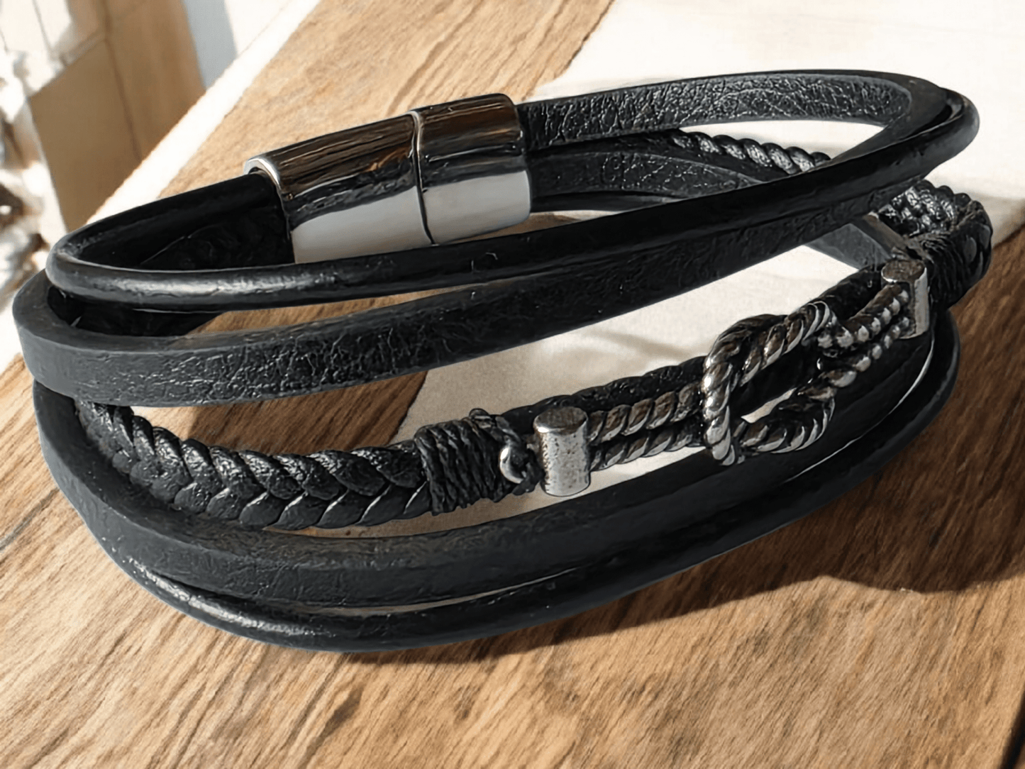 Bracelet biker motif celtique ou marin cuir acier inoxydable - Claudine Biker Shop