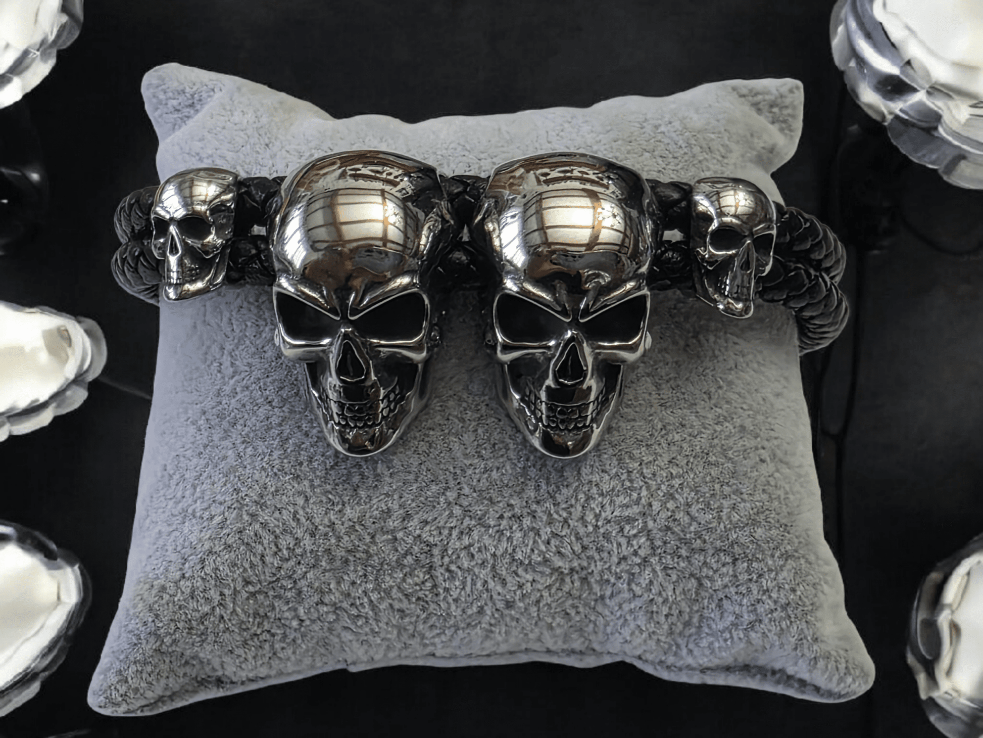 Bracelet Biker skull cuir acier inoxydable - Claudine Biker Shop