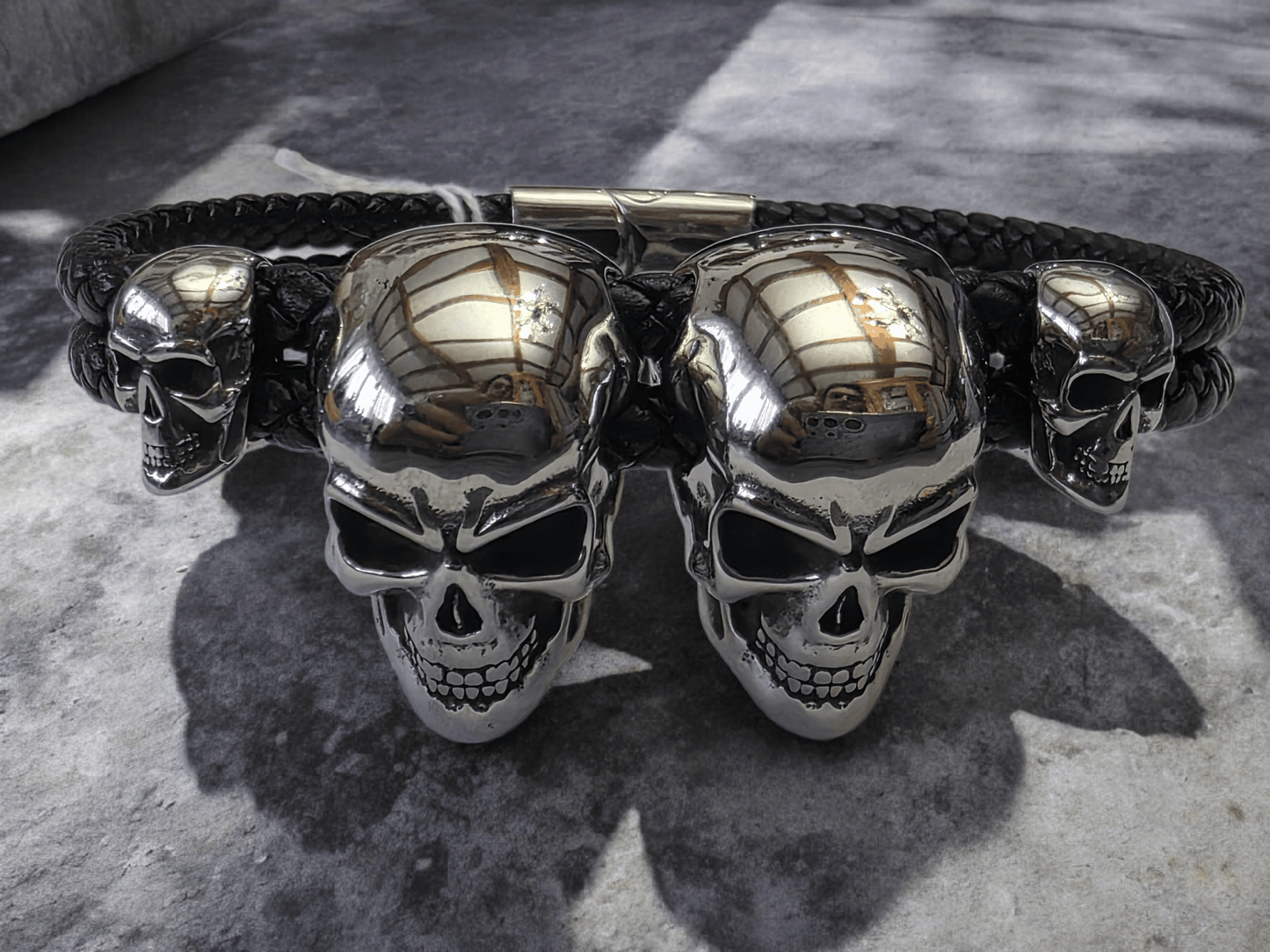Bracelet Biker skull cuir acier inoxydable - Claudine Biker Shop