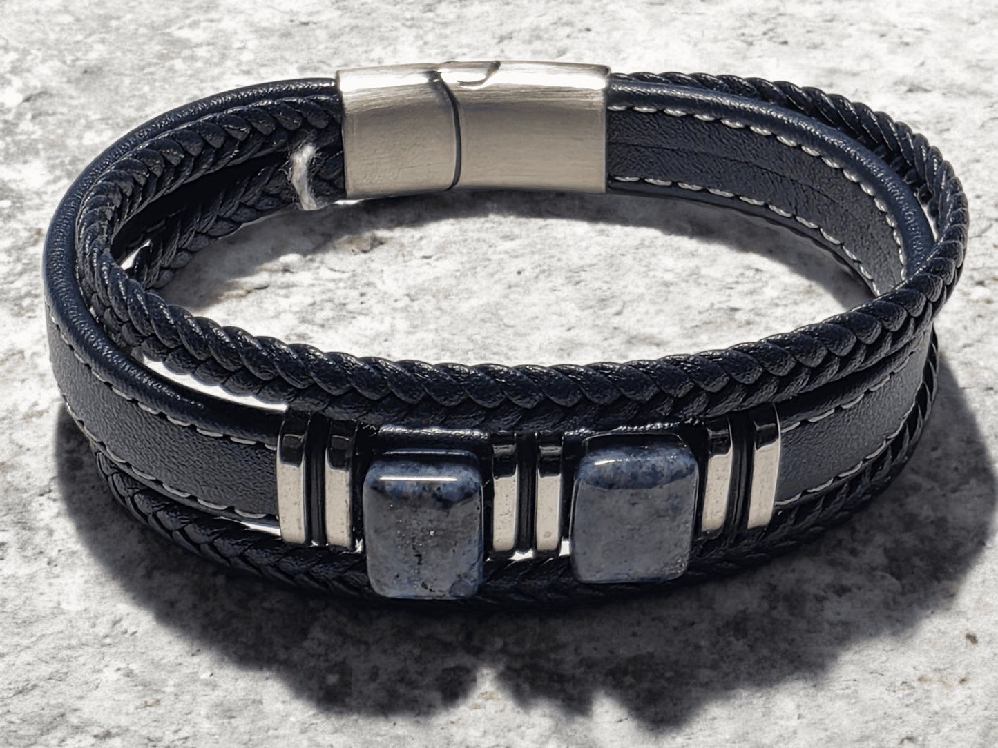 Bracelet cuir bleu pierre naturelle lapis - Claudine Biker Shop