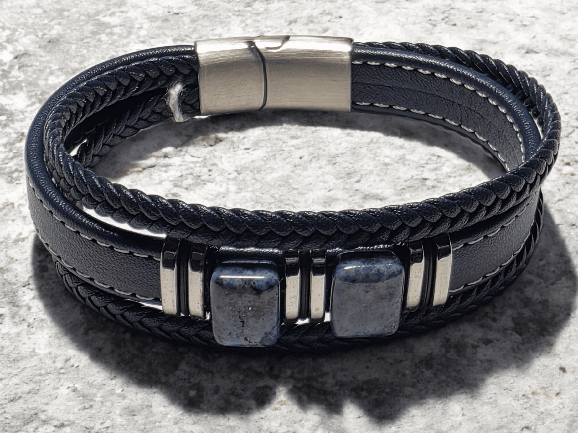 Bracelet cuir bleu pierre naturelle lapis - Claudine Biker Shop