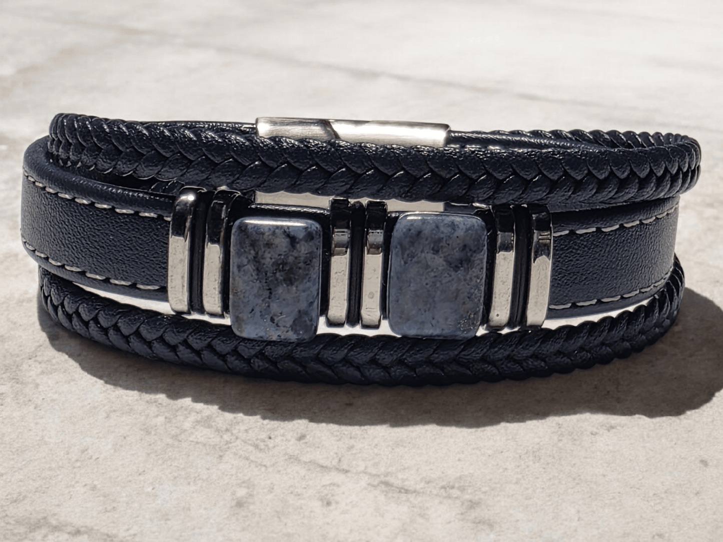 Bracelet cuir bleu pierre naturelle lapis - Claudine Biker Shop
