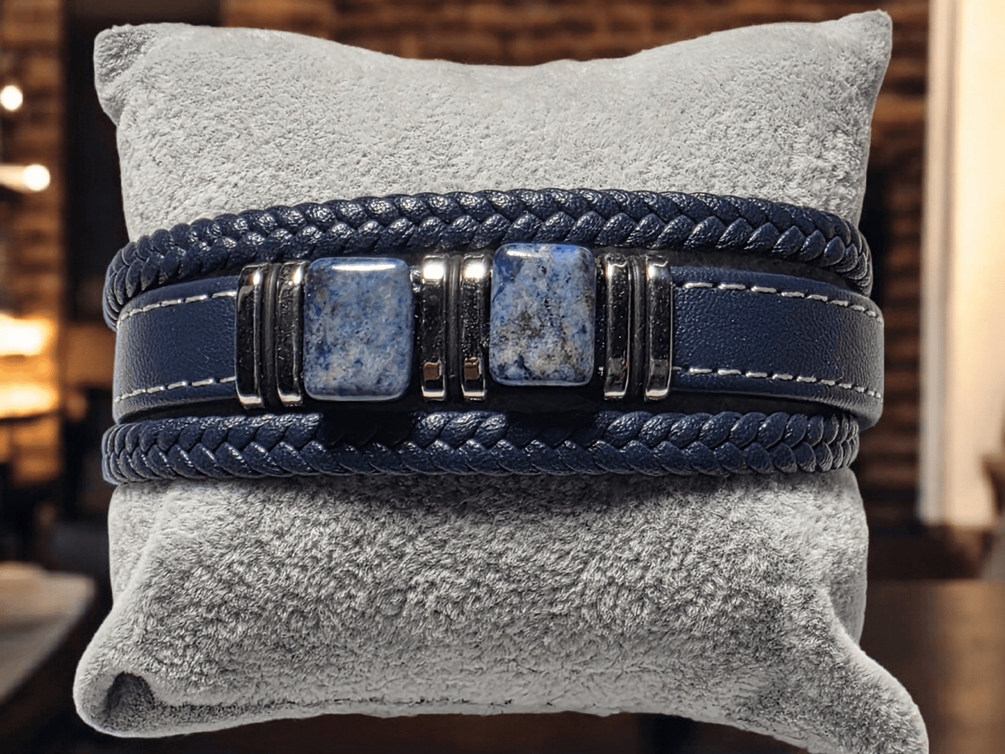 Bracelet cuir bleu pierre naturelle lapis - Claudine Biker Shop