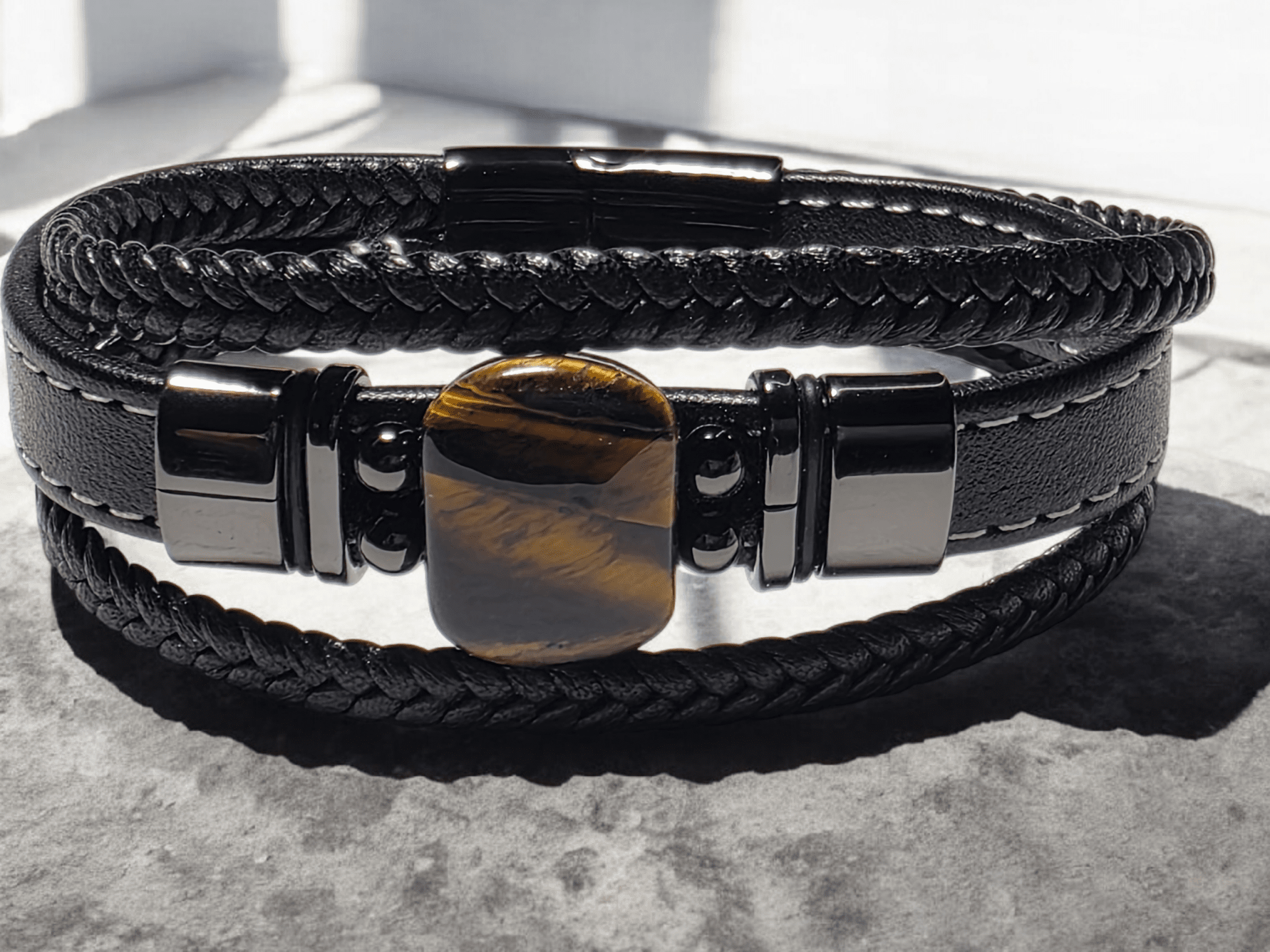 Bracelet cuir pierre véritable œil de tigre - Claudine Biker Shop