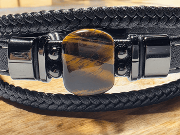 Bracelet cuir pierre véritable œil de tigre - Claudine Biker Shop