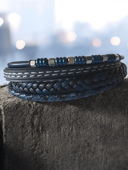 Bracelet homme cuir bleu et noir avec perles – Style bohème chic" - Claudine Biker Shop