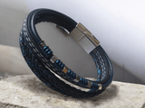 Bracelet homme cuir bleu et noir avec perles – Style bohème chic" - Claudine Biker Shop