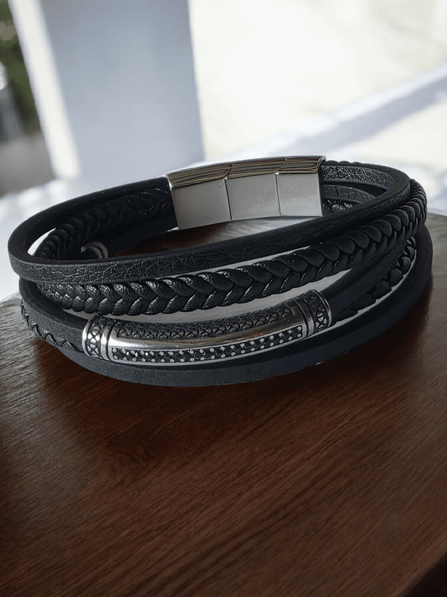 Bracelet Homme Cuir Noir Tressé & acier inoxydable - Claudine Biker Shop