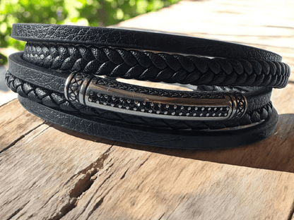 Bracelet Homme Cuir Noir Tressé & acier inoxydable - Claudine Biker Shop