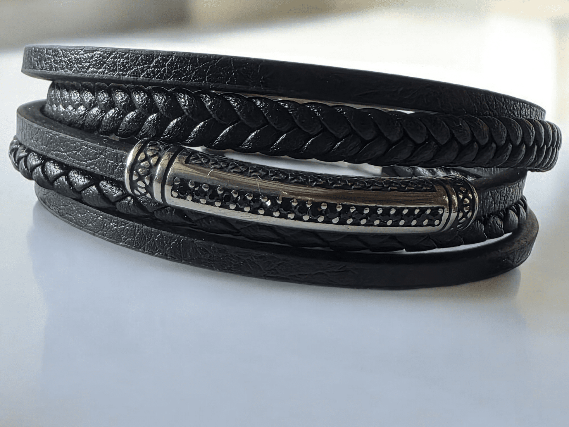 Bracelet Homme Cuir Noir Tressé & acier inoxydable - Claudine Biker Shop