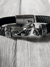 Bracelet moto cuir et acier inoxydable - Claudine Biker Shop
