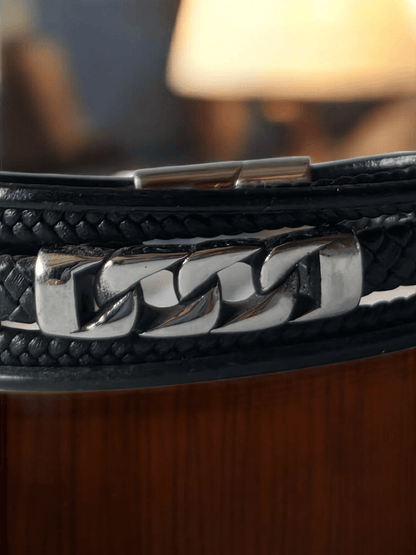 Bracelet multi rang cuir et acier inoxydable - Claudine Biker Shop