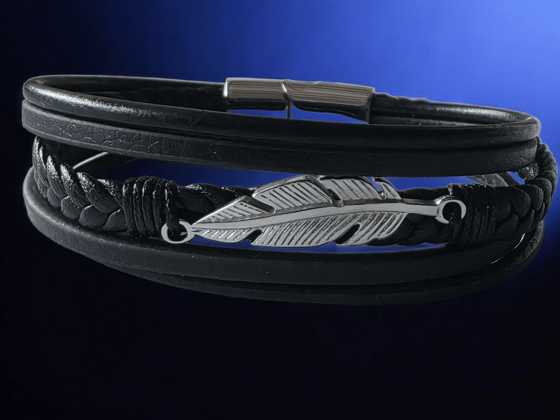 Bracelet plume cuir acier inoxydable - Claudine Biker Shop