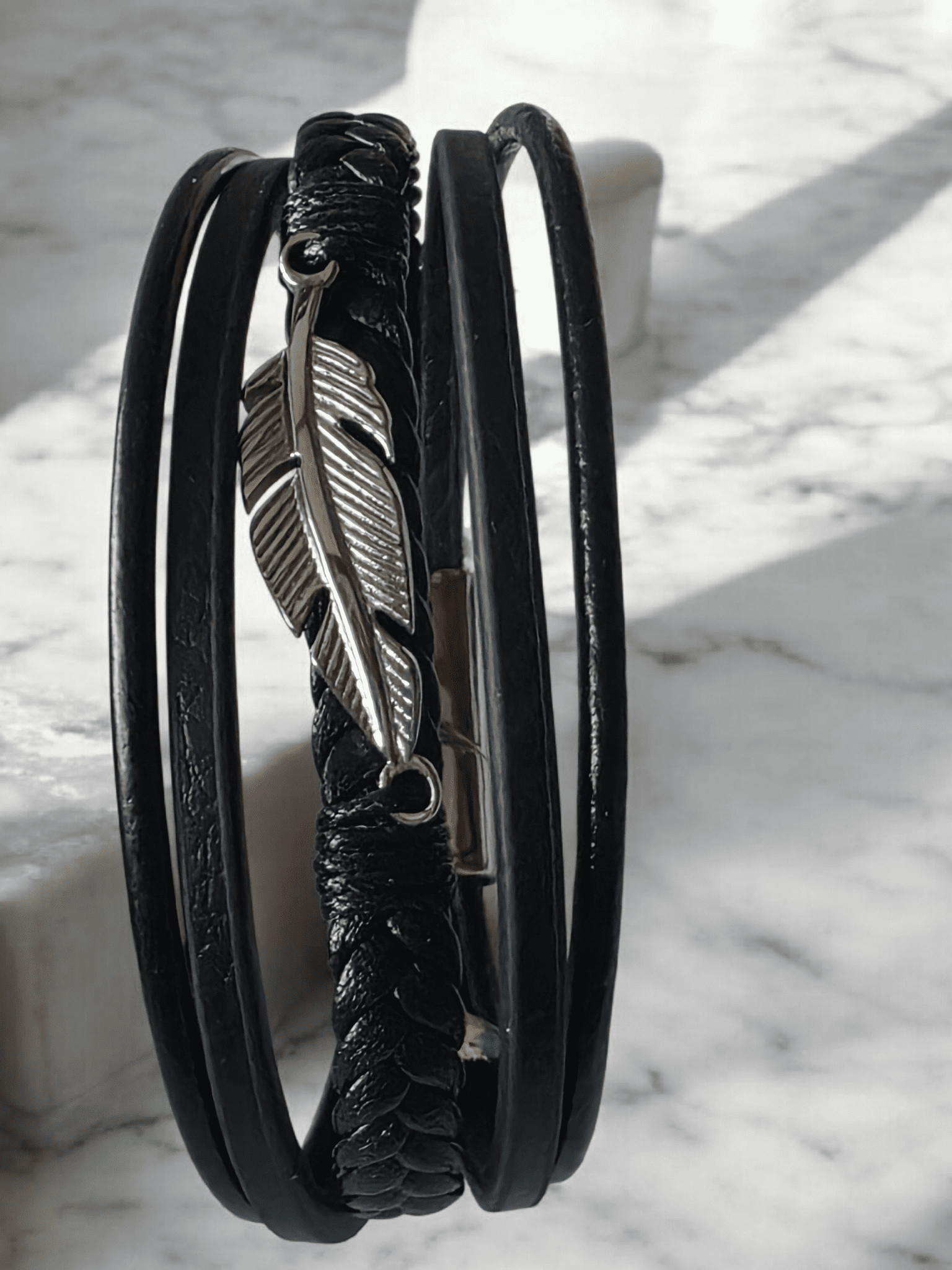 Bracelet plume cuir acier inoxydable - Claudine Biker Shop