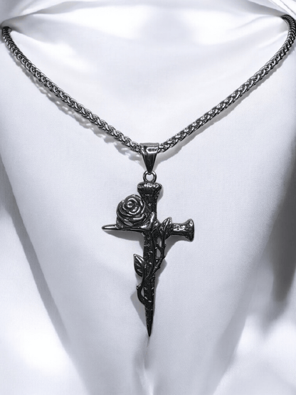 Collier croix avec rose acier inoxydable 316l - Claudine Biker Shop