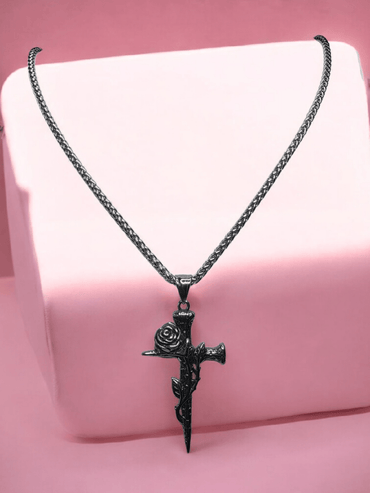 Collier croix avec rose acier inoxydable 316l - Claudine Biker Shop
