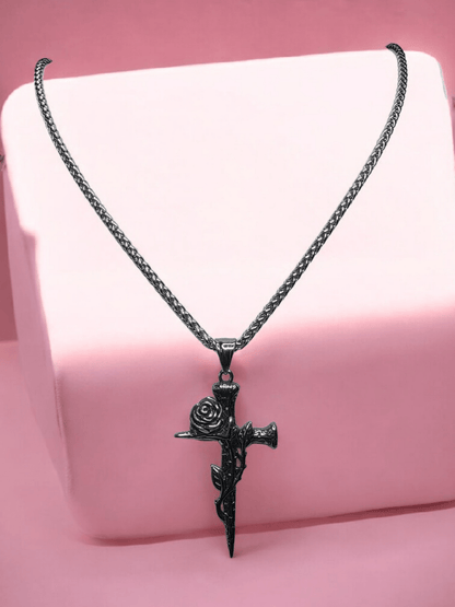 Collier croix avec rose acier inoxydable 316l - Claudine Biker Shop